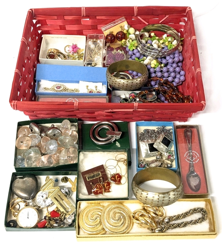 Assorted Vintage to Modern Jewelry in Red Basket | 12.5" x 9.25" x 3" Tall