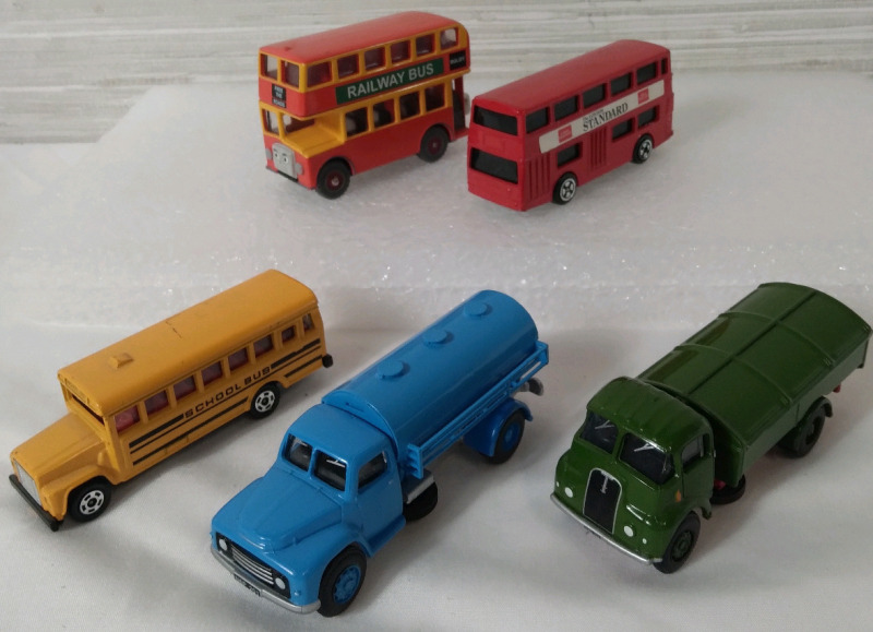 5 Diecast Miniature Busses and Trucks Aproximently 3.5"