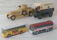 4 New Matchbox Diecast Busses and Truck and Military Car