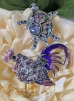 Large Purple Enamel & Rhinestone Silver Tone Rooster Brooch & Silver Tone & Multicolored Sea Turtles Brooch | Up to 2.5" Across