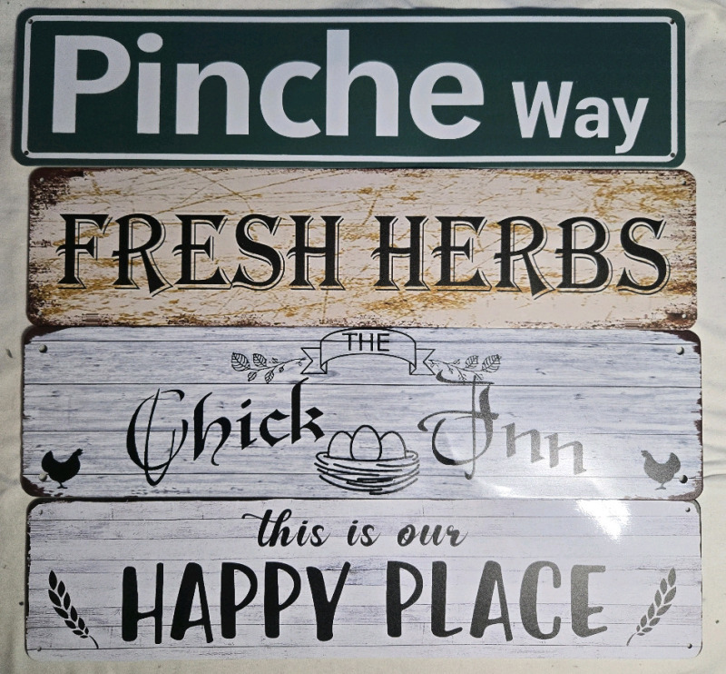 4 New | Metal Wall Signs " Pinche Way; Fresh Herbs, Chicken, This Is Our Happy Place" | Signs Measure 15.5" x 4"