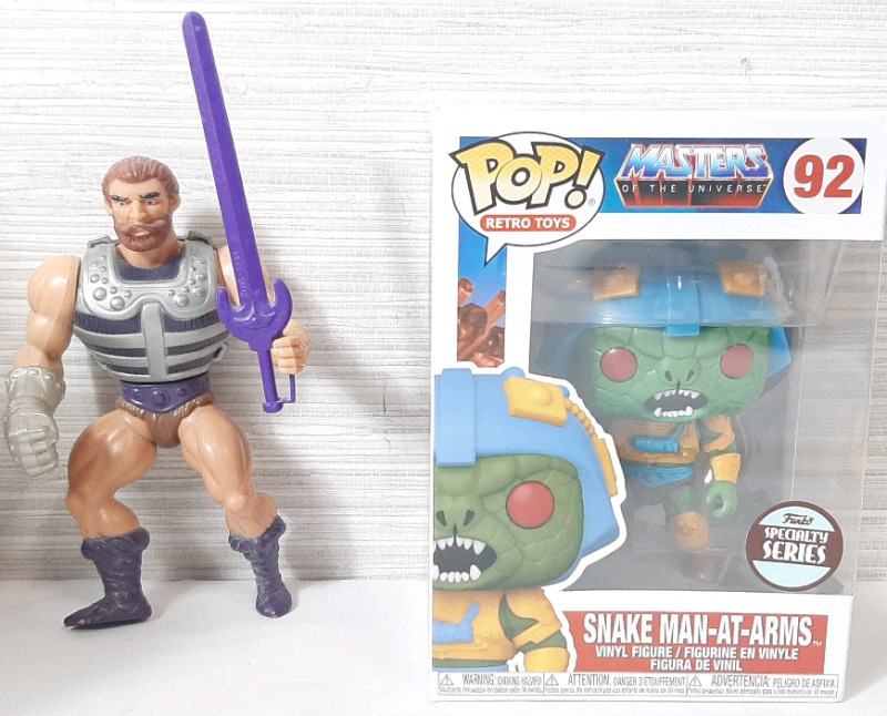 New Masters of the Universe Snake Man-At-Arms Funko Pop Vinyl Figure & 1983 He-Man Motu/Fisto Figure with Accompanying Sword