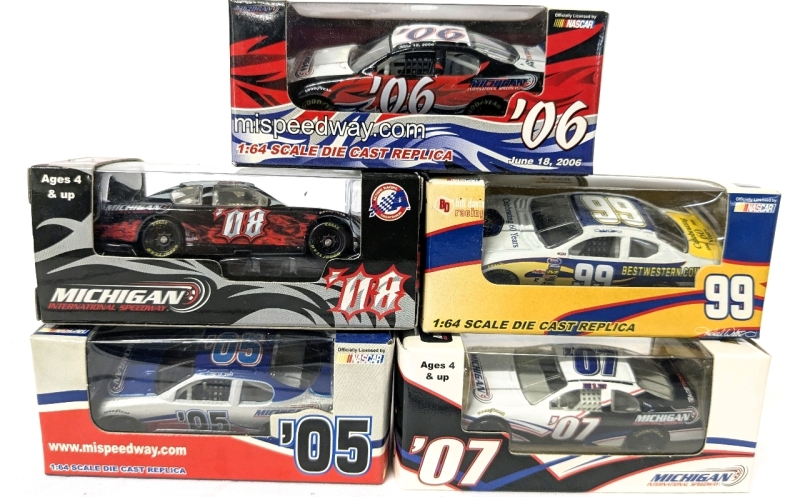 5 New 1:64 Scale Diecast Replica Racing Cars incl 4 Michigan International Speedway | 99, '05, '06, '07, '08 | Approx 3" Long ea