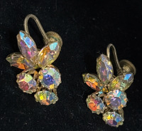 Sherman Signed Lovely AB Vintage Navette & Chaton Earrings Flashing Beautiful Colours