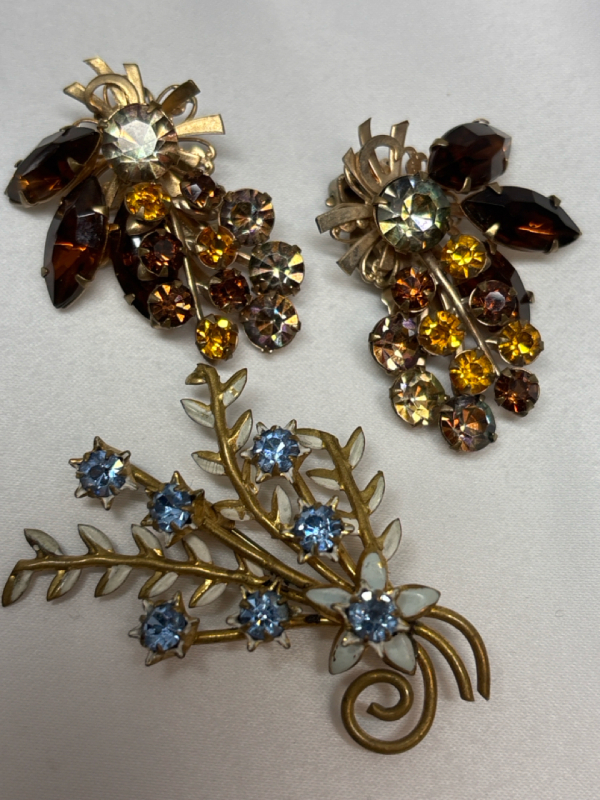 High End Colorado Topaz Root Beer Brown Pear Orange Topaz Earrings Aquamarine Rhinestone Spray Brooch