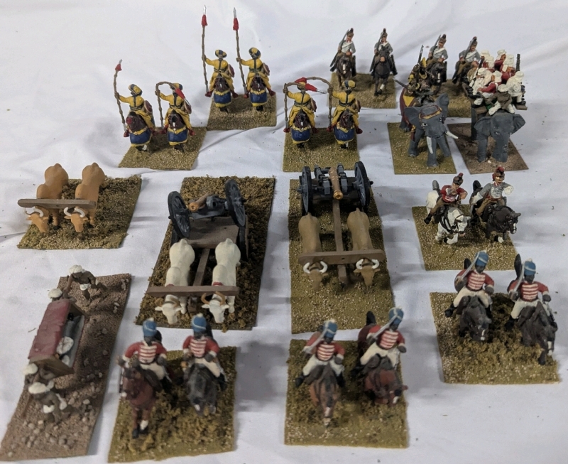 15 Sets of Hand-painted Lead Figures, Elephant Riders, Cavelry, Cannons and Support. Calvery Stands 2" Tall