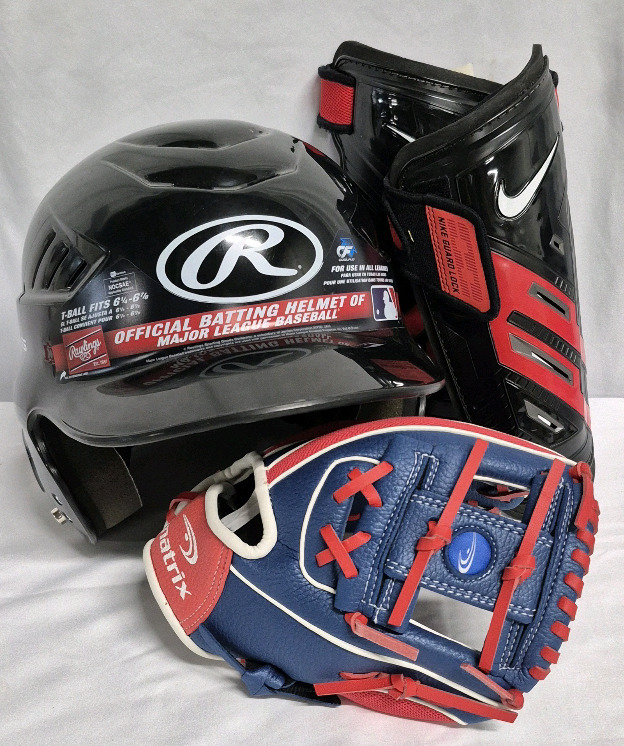 Kids Baseball Gear Lot - Rawlings Batting Helmet 6.25-6 7/8, Nike Shin Pads sz Large & Matrix Baseball Glove 9"