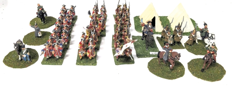 60 (Sixty) 28mm Handpainted Cast Metal Wargaming Figures on Flocked Bases : Foot Soldiers, Mounted Generals, Plastic Tent Diorama | Up to 2" Tall