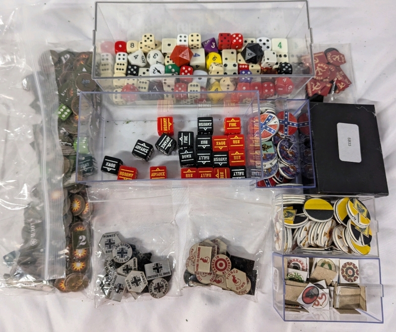 Miscellaneous Wargame Tokens and Dice. Various Games present.