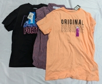 3 New Kids Shirts. Fortnight T Shirt Size Small, Old Navy Button Up Size XL (14-16) and Primark Size 13-14.