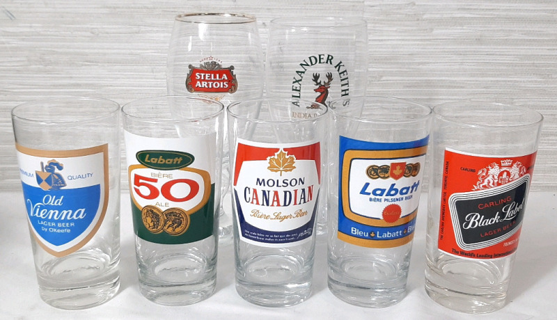 7 Beer Branded Glasses, Including Labatt 50 Ale, Labbat Blue, Molson Canadian, Old Vienna, Black Label, Stella Artois & Alexander Keith's (5 are 5½" Tall, 3" in Diameter & 2 are 7½" Tall and 3½" in Diameter)