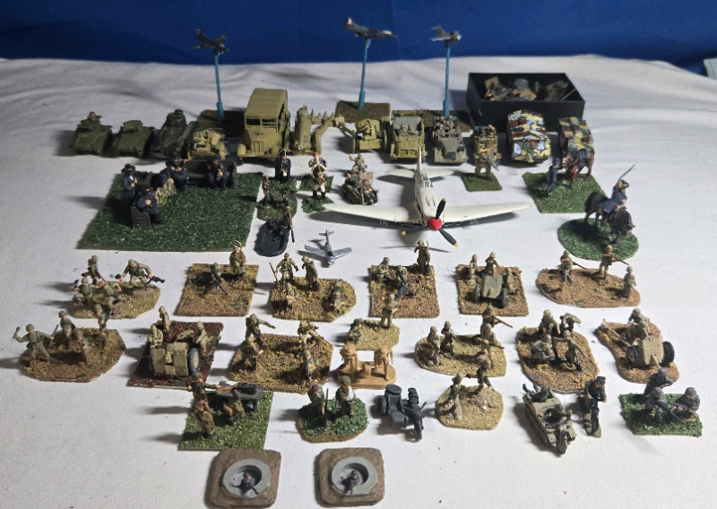 21 Vehicles & 28 Flats + Box Of Spare Men | Assorted Wars & Countries Plastic / Lead Military Armored Vehicles & Infantry Troops | Largest Vehicle Measures 4.5" x 5" x 1½" / Tallest Troop Measures 1⅛" Tall