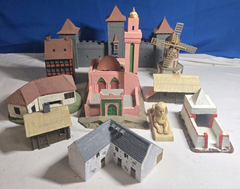 10 Pcs | Assorted Buildings For Scene Decoration | Includes Wall, Houses, Apartment Building & More| Largest Building Measures 8" x 6" x 7¾"