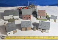 7+ Pcs | Assorted Buildings For Scene Decoration & Small Minature People + Landscape | Includes Houses, Barn & 2 Bins Of Mini Decorations & People| Largest Building Measures 4.5" x 3" x 2.5"