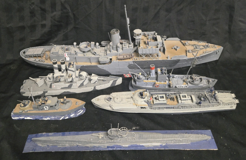 6 Pcs | Appears To Include German & British Boats | Assorted Types Of Military Ships / Battle Ships | Largest Boat Measures 3ft Long x 1ft Tall