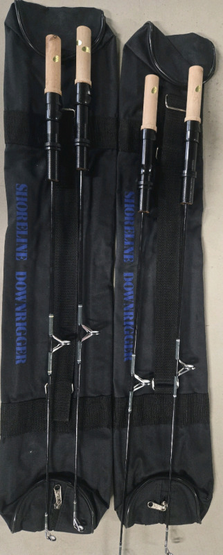 6 Pcs New | Appears To Be ( 4 ) 30" Fly Fishing Rods W/ Wooden Handles & ( 2 ) Shoreline Downrigger Shoulder Carry Bags | Bags Measure 32" x 7"