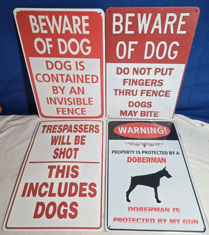 4 New | Metal Wall Signs " ( 2 ) Beware Of Dog, Doberman, & Tresspasing " Signs Measure 8" x 12"