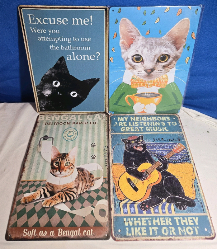 4 New | Metal Wall Signs Cat Themed | Signs Measure 8" x 12"