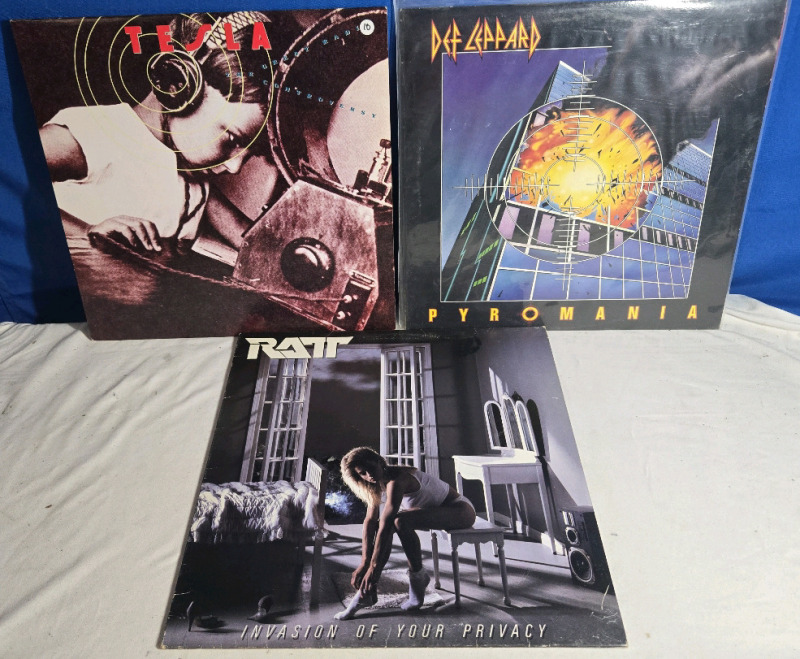 Three (3) 80s Hair Band Vinyl Albums - Tesla, Def Leppard, & Ratt LP Records