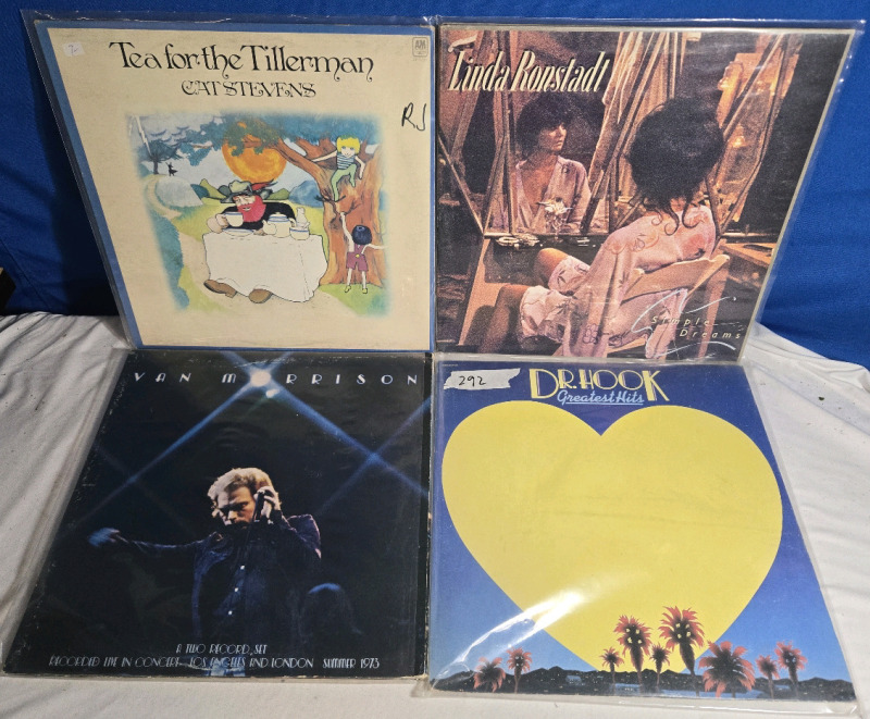 4 Classic Vinyl Albums - Cat Stevens; Tea For The Tillerman, Linda Ronstadt, Van Morrison Live & Dr.Hook; Greatest Hits LP Records