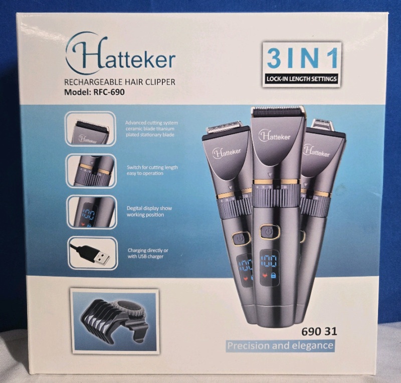 New | Hatteker 3-In-1 Rechargeable USB Hair Clipper | Model# RFC-690