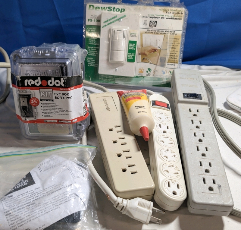 Lot Of 3 Expansion Cords, New LePage Wood Filler, New Red Dot PVC Box, New DewStop Fan Switch & Rug Stoppers