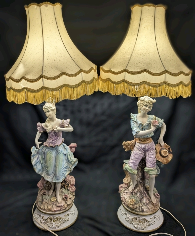 Very Large Fantastic Signed Capodimonte Italy Figural Courting Boy & Girl Lamps w Lampshades & Bulbs | 64" Tall ea