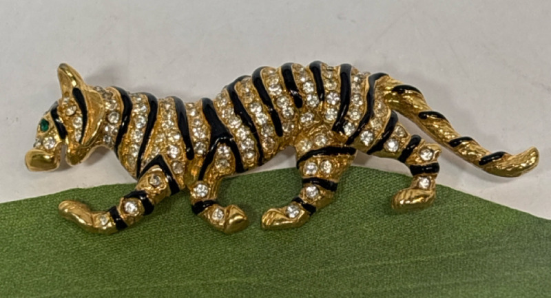 Vintage Tiger Brooch with Rhinestones & Enamel Work Clear Rhinestone Body Green Eye