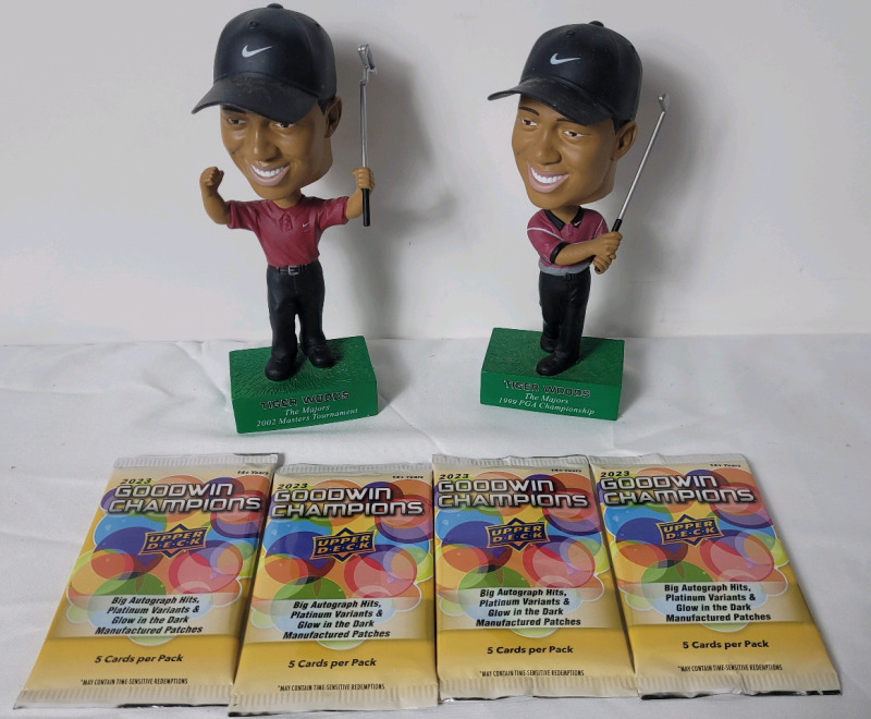 2023 Upper Deck Goodwin Champions Trading Card Sealed Packs (4 packs) & Two (2) Upper Deck Tiger Woods Bobbleheads