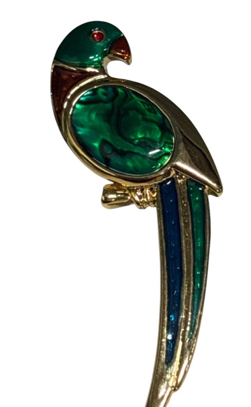 Lovely 1980s Enameled Parrot Brooch gold, red, green and blue with Paua Shell and crystal details,