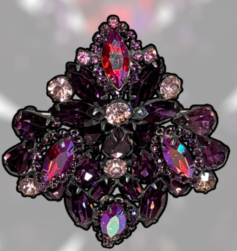 Gorgeous Signed Weiss Large Fan Vintage Brooch Red Siam AB Purples Pinks 3 x 2.5 Inch