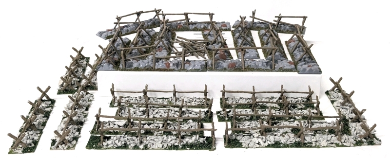 Wargaming Miniature Diorama Stone Walls with Wood Rails : 12 Plastic, 13 with Real Stone + Extra "Wood" Rails (Plastic) | 1.25" x 4.6" / 1" x 5"