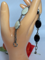 Reversible Black Onyx to Mother of Pearl 5 Oval link Line bracelet Toggle Clasp Two Looks for 1