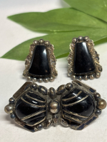 Vintage Sterling Mexico Black Onyx Brooch & Earrings