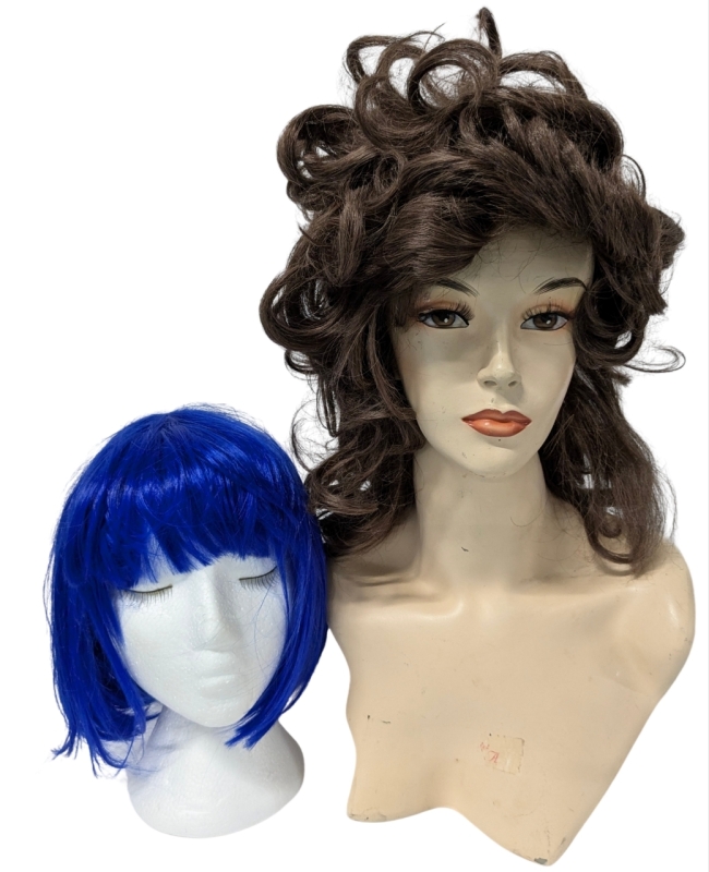 Vintage 19' Lady Bust, 11" Styrofoam Head w Eyelashes & 2 Wigs: Electric Blue Anime + Auburn Curl Cacophony
