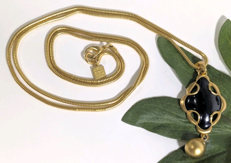 Striking Signed Anne Klein Brushed Gold Tone Black Enamel Pendant on Chunky 35" Long Snake Chain