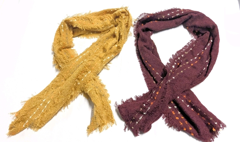 2 New Woven Fringe Cottage Scarves / Shawls | Mustard & Merlot | 24" x 76" ea