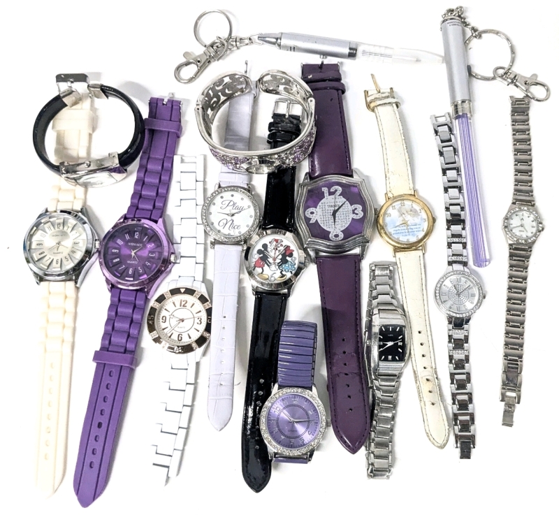 Assorted Watches : Disney Mickey & Minnie, Womace, Terner, Avon + Star Wars Mace Windu Lightsaber Keychain & Pen Keychain