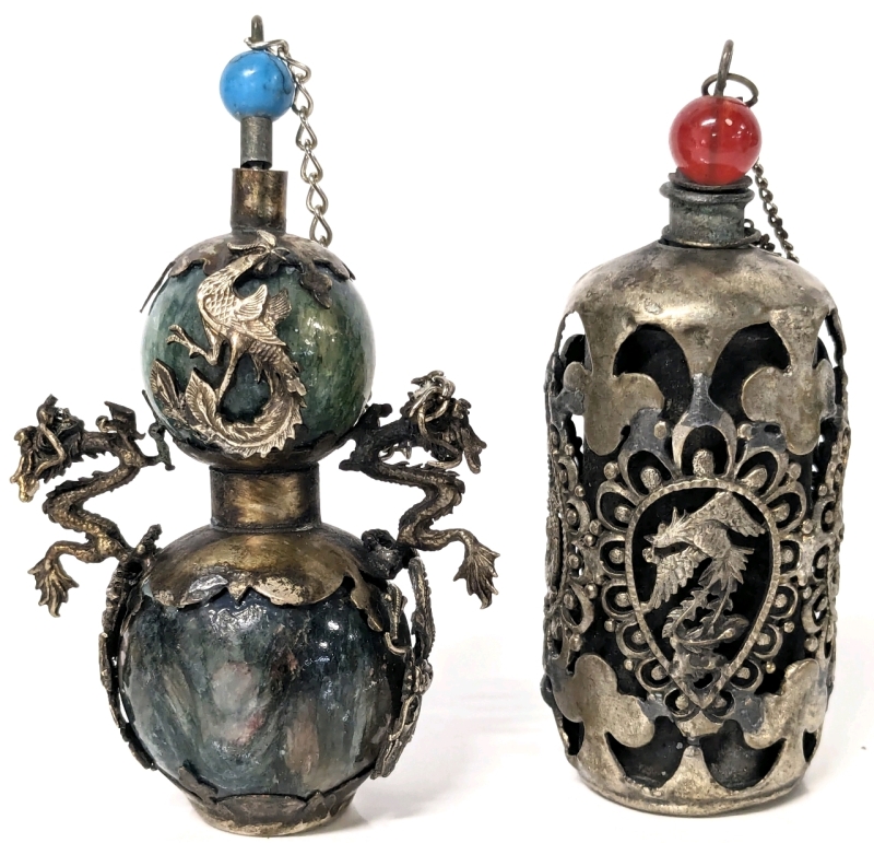 Pair Vintage Brass Chinese Snuff Bottles with Dragon & Phoenix Motifs | Stoppers / Dippers Intact | Up to 3.25" Tall