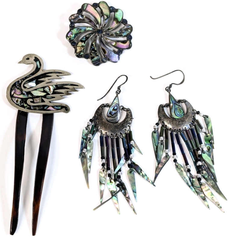 Mexico Sterling, Silver Tone & Abalone Shell : Brooch, Hair Fork & Stamped 925 Dangly Earrings