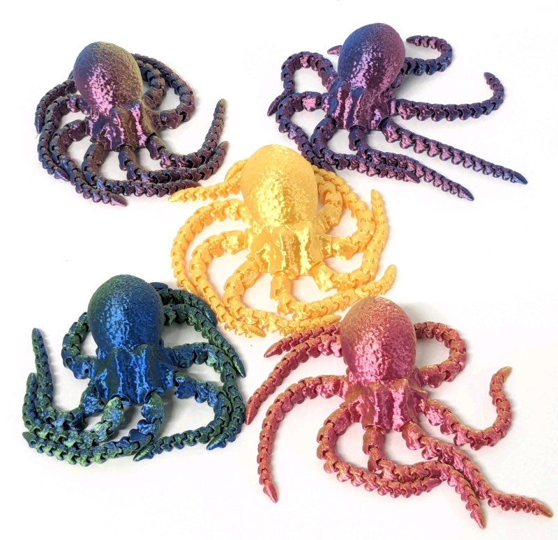 5 New Multicolored 3D Printed Articulated Octopuses (Octopi?) | 1.6" Tall with 3" Long Tentacles