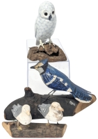 3 Vintage Hand-Carved Wooden Bird Figures on Wood Bases | Seagulls, Blue Jay & Snowy Owl | Up to 3.5" Tall