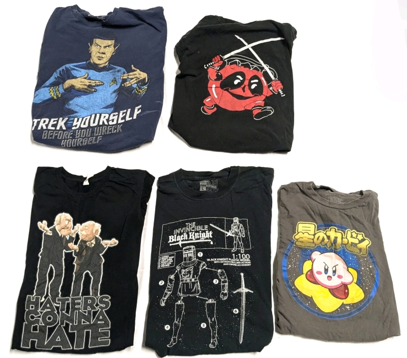 5 Assorted Nerdy Men's / Ladies Size Large Graphic Tees | Muppets, Monty Python/Black Knight, Star Trek/Spock, Deadpool/Kool-Aid Man, Japanese Kirby