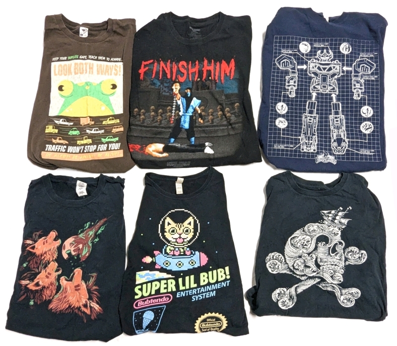 6 Assorted Nerdy Graphic Tees : Frogger, Power Rangers, Mortal Kombat, Final Fantasy XII, Lil' Bub, Pirate Seas | Assorted Sizes!