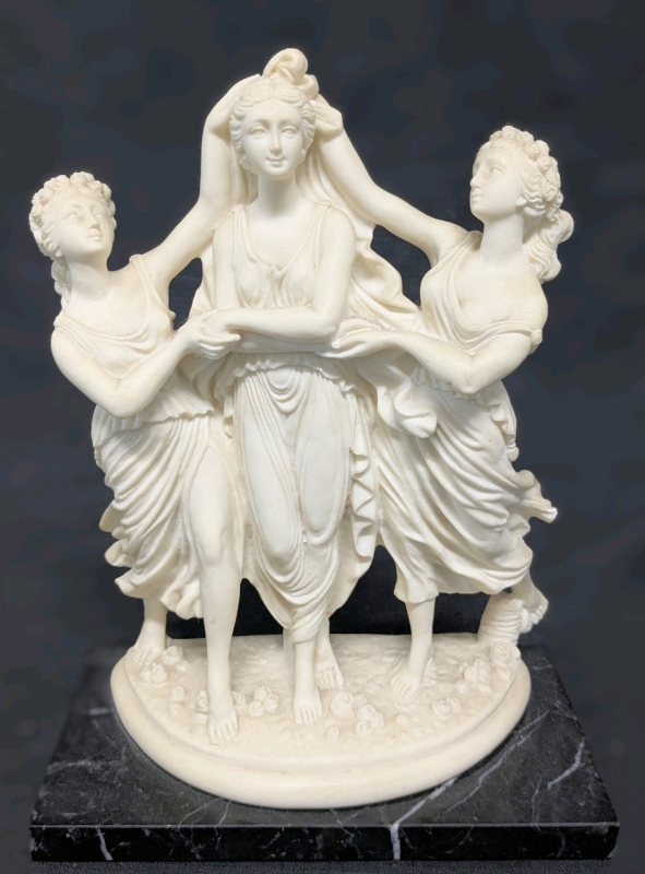 Stunning Signed Lucchesi Italy Alabaster "The Three Graces" : (Greek Goddesses of Beauty, Grace, And Charm) Reproduction Statue on Marble Base | 9.15" x 4.6" x 12" Tall