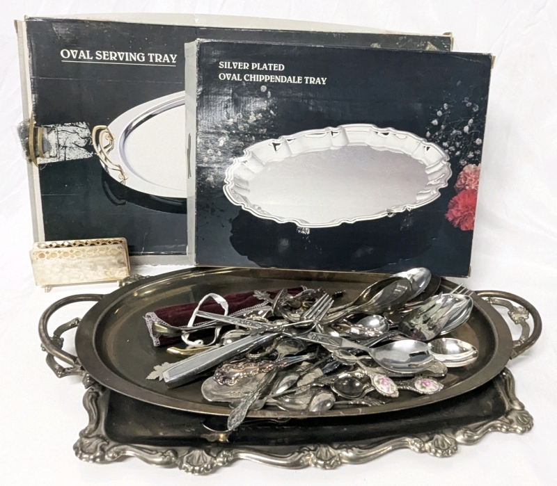 SILVER PLATE Platters, Trays & Napkins Holder + Assorted Cutlery & Serving Utensils incl Olympic Dim Brev Italy Gold & Silver Tone Fish Nutcracker