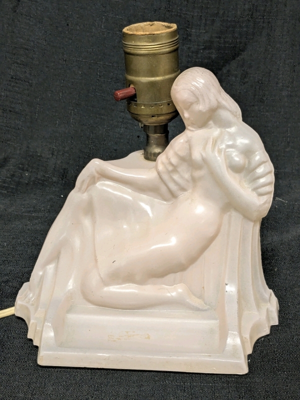 Gorgeous Vintage APEX "Portable Electric Lamp" Base w Reclining Woman + Business Card Holder | 7" Tall