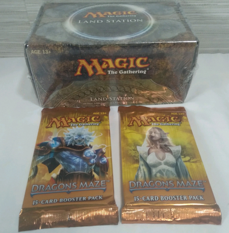 New Magic The Gathering Dragon Sealed 2 Dragon Maze Booster Packs & Magic The Gathering Land Station 400 Basic Land Card Box