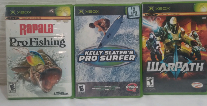 3 Xbox Games Rapala Pro Fishing, Kelly Skaters Pro Surfer, Warpath