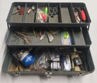 Assorted Fishing Tackle Box W/ Contents Lot | Includes But Isn't Limited To Fishing Lures, A Knife, & Fishing Weights